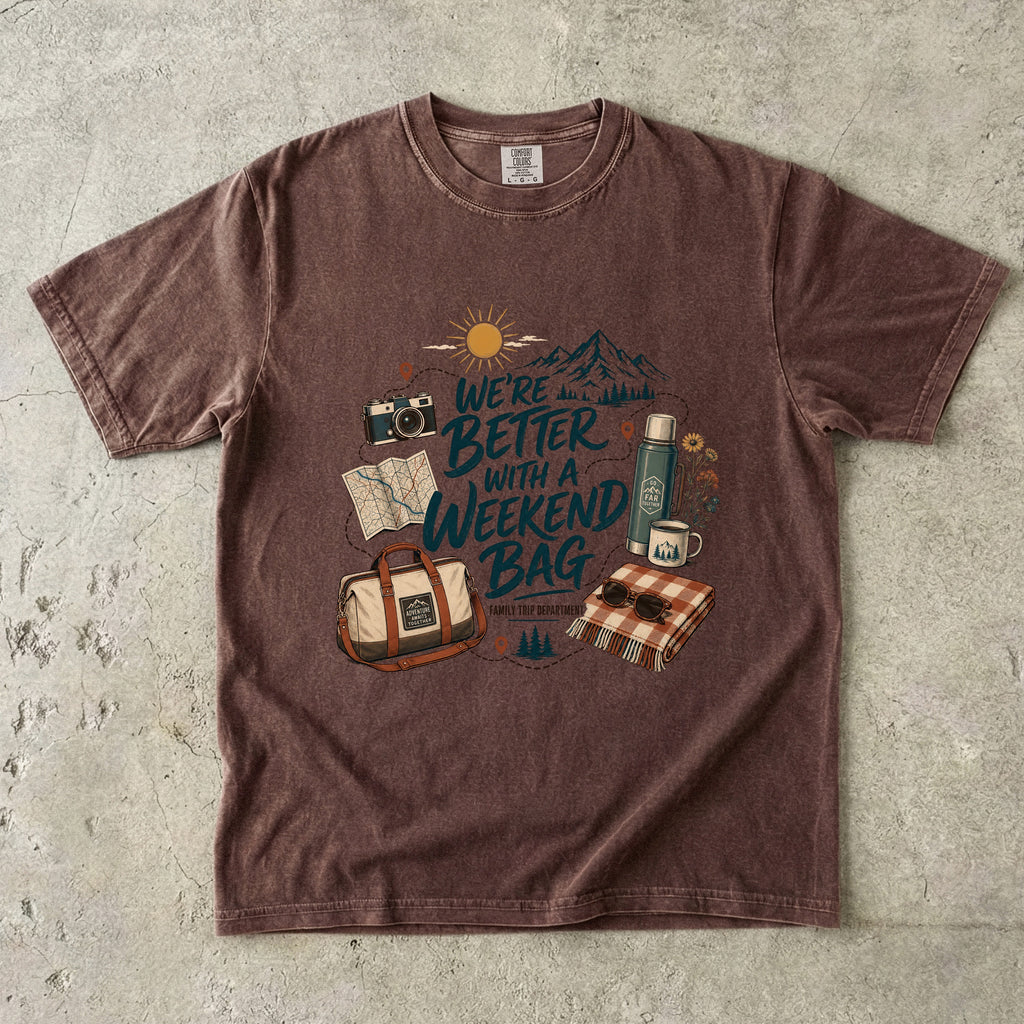 We're Better with a Weekend Bag Road Trip Shirt in Espresso – flat lay