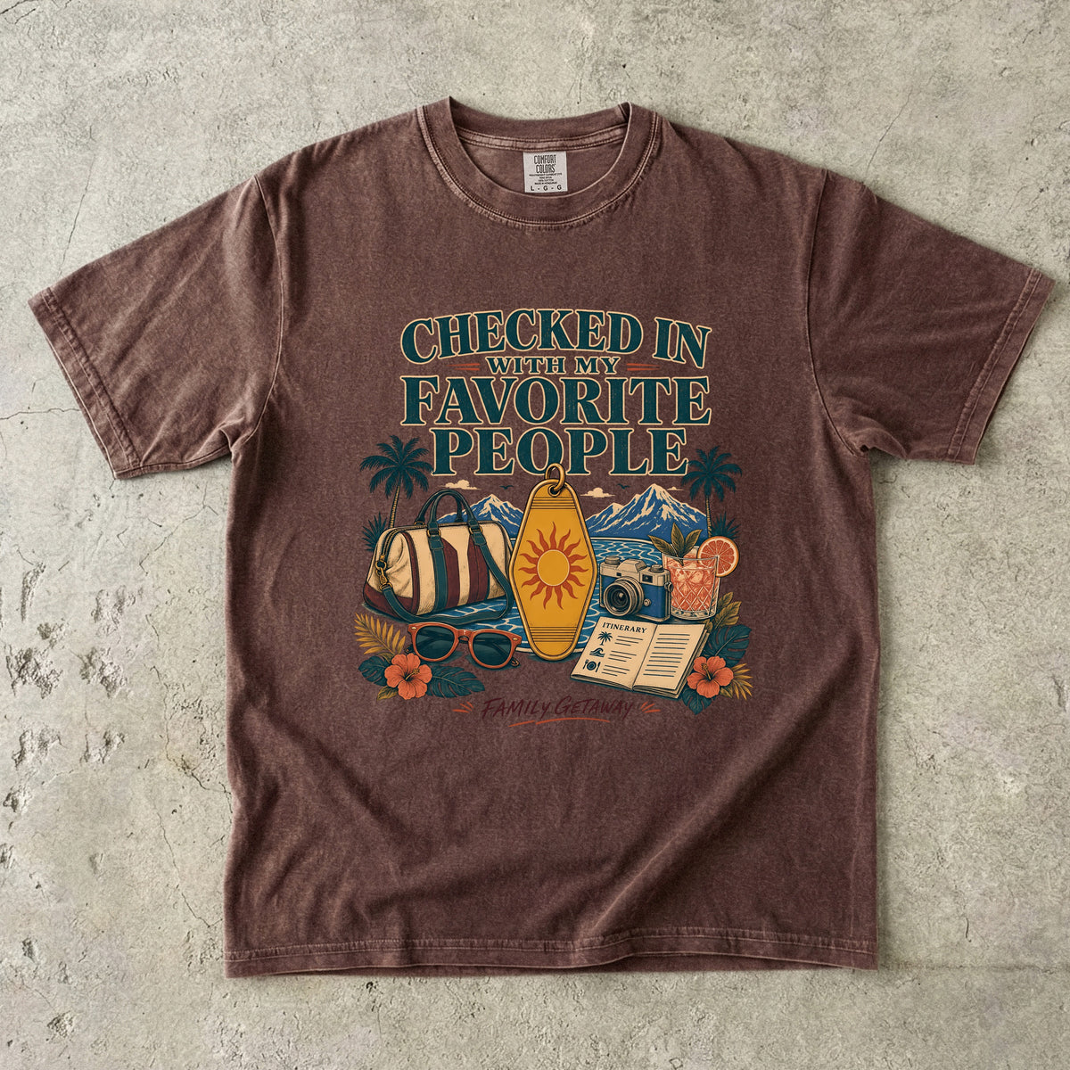 Checked In with My Favorite People Family Getaway Shirt in Espresso – flat lay