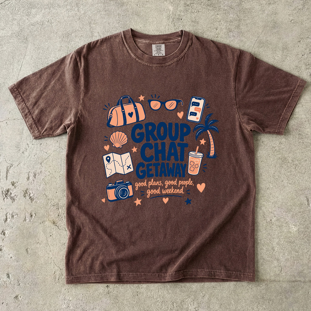 Group Chat Getaway Family Getaway Shirt in Espresso – flat lay