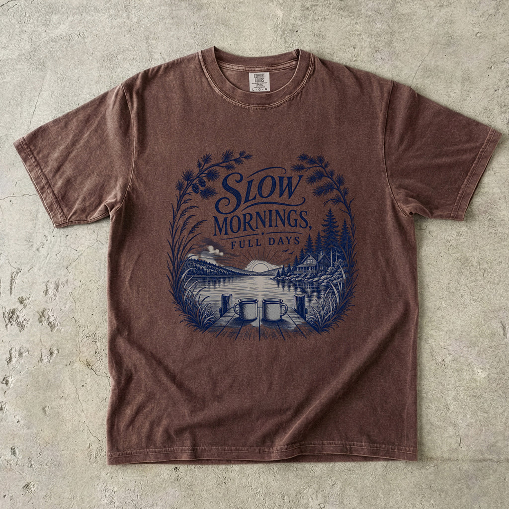 Slow Mornings Full Days Lake Vacation Shirt in Espresso – flat lay