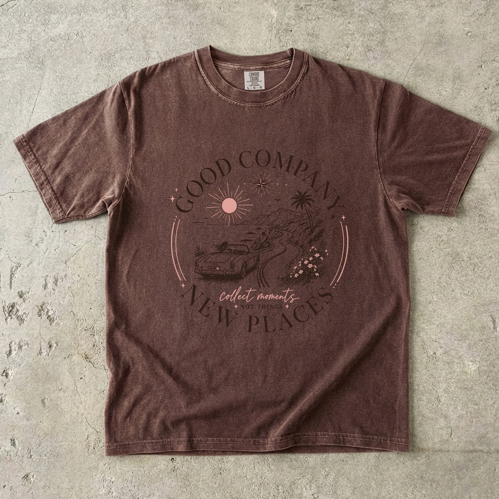 Good Company New Places Girls Trip Shirt in Espresso – flat lay