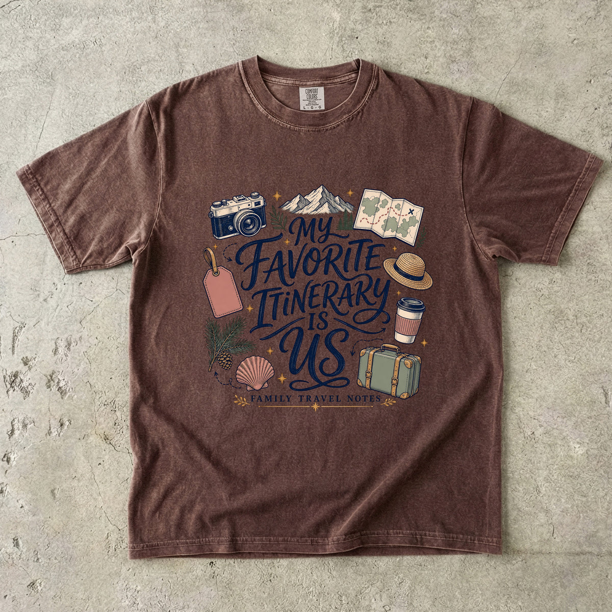 My Favorite Itinerary Is Us Travel Mom Shirt in Espresso – flat lay