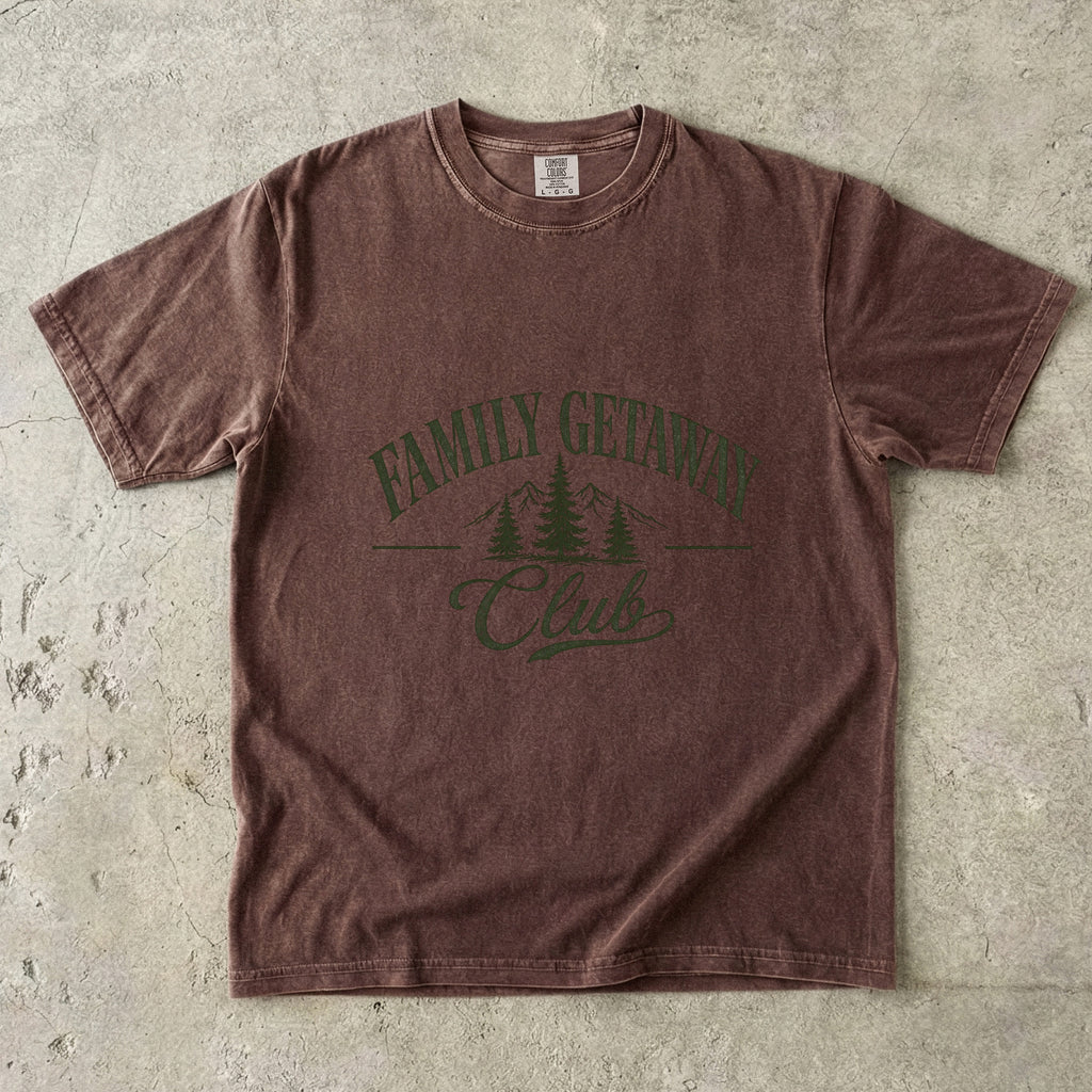 Family Getaway Club Vintage Travel Shirt in Espresso – flat lay