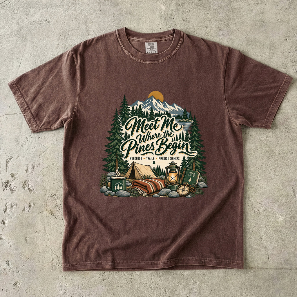 Meet Me Where the Pines Begin Mountain Camping Shirt in Espresso – flat lay