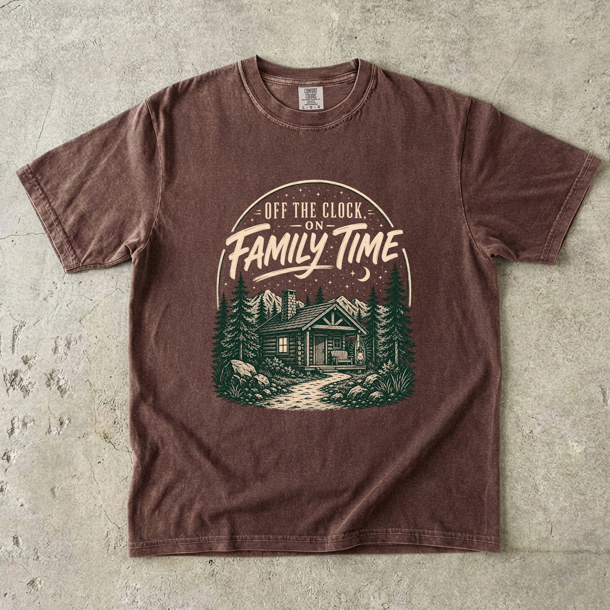 Off the Clock on Family Time Cabin Weekend Shirt in Espresso – flat lay