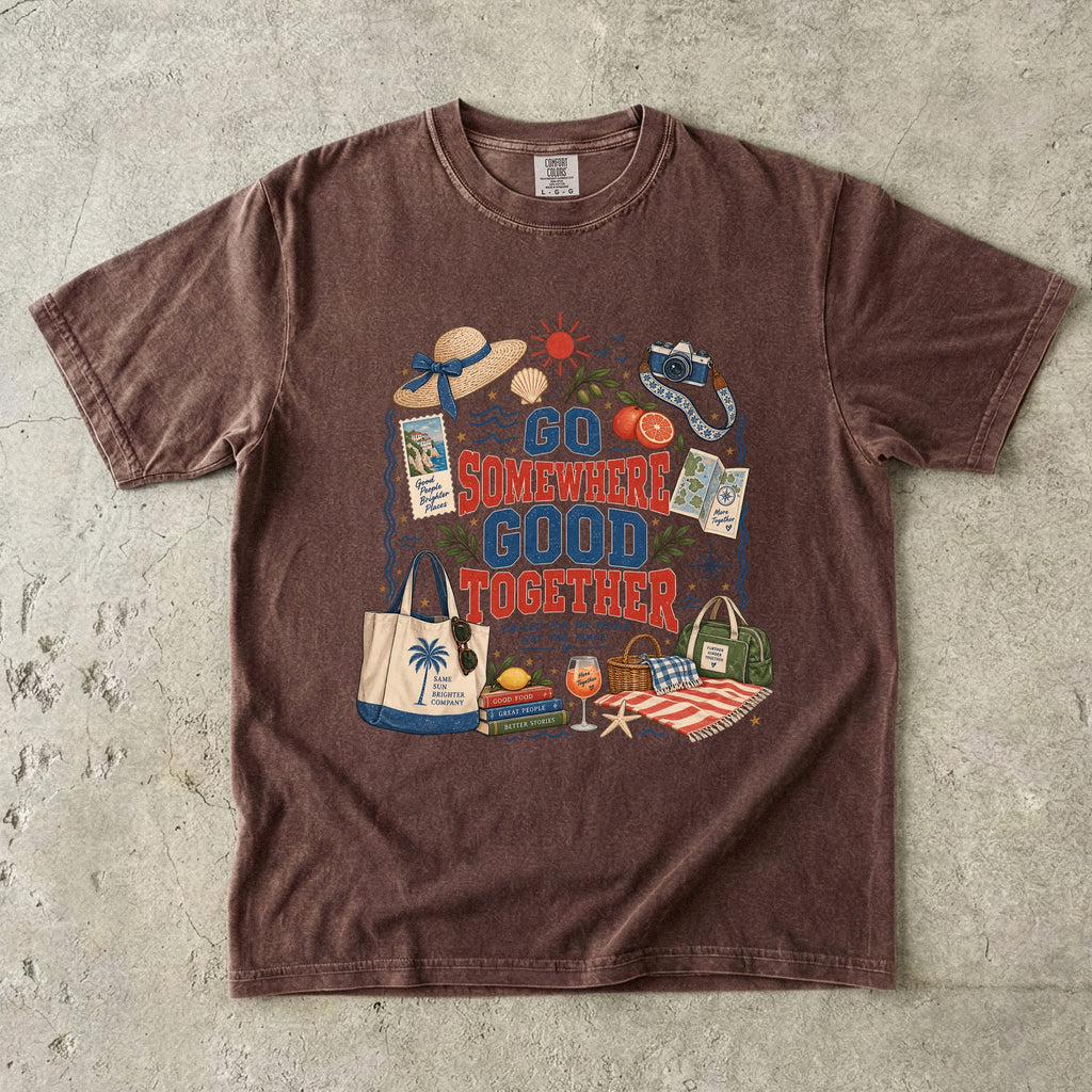 Go Somewhere Good Together Beach Vacation Shirt in Espresso – flat lay