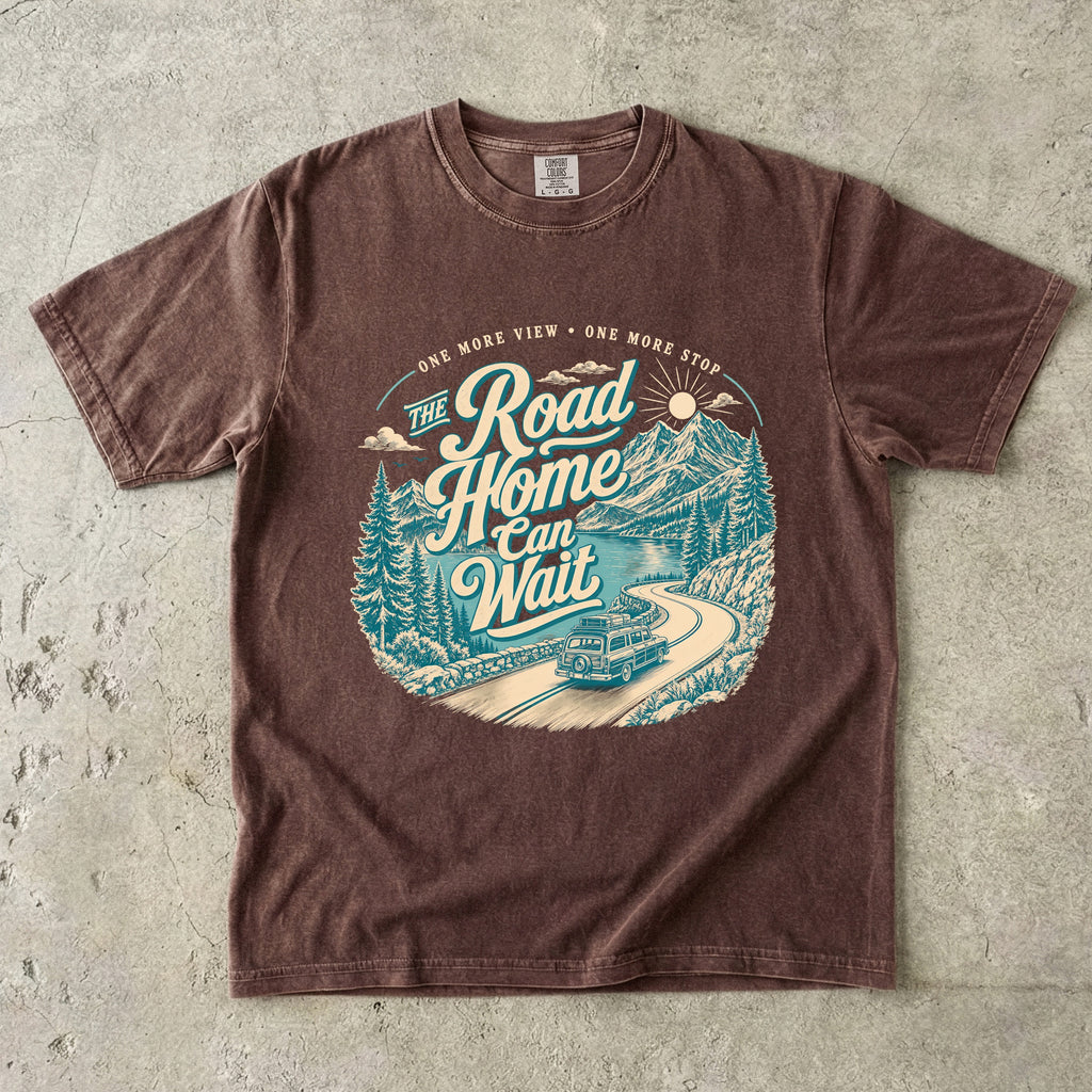 The Road Home Can Wait Road Trip Shirt in Espresso – flat lay