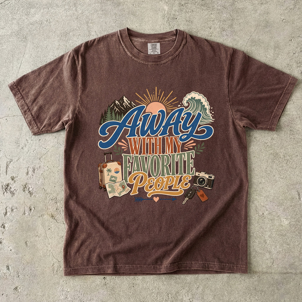 Away with My Favorite People Travel Mom Shirt in Espresso – flat lay
