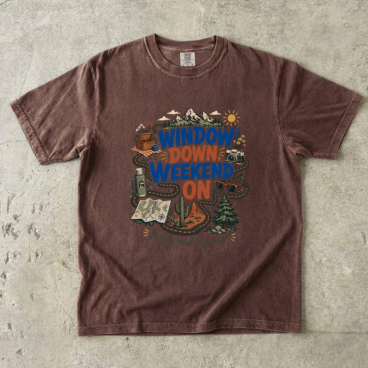 Window Down Weekend On Road Trip Shirt in Espresso – flat lay