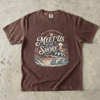 Meet Us at the Shore Beach Vacation Shirt in Espresso – flat lay