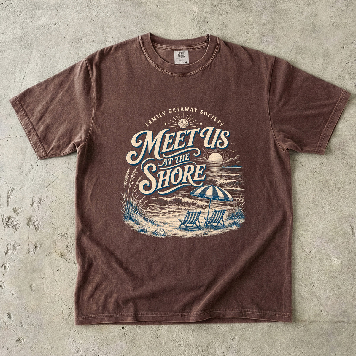 Meet Us at the Shore Beach Vacation Shirt in Espresso – flat lay