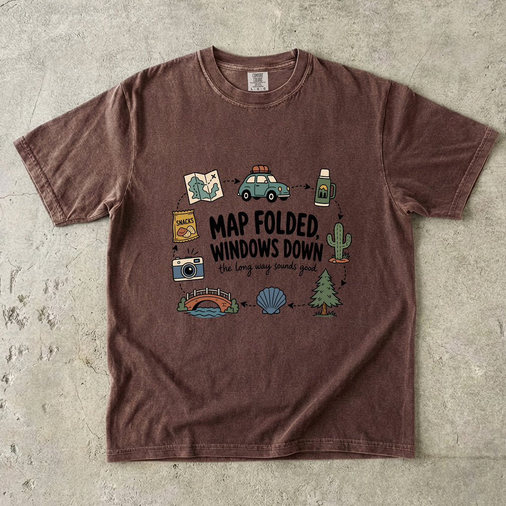 Map Folded Windows Down Road Trip Shirt in Espresso – flat lay