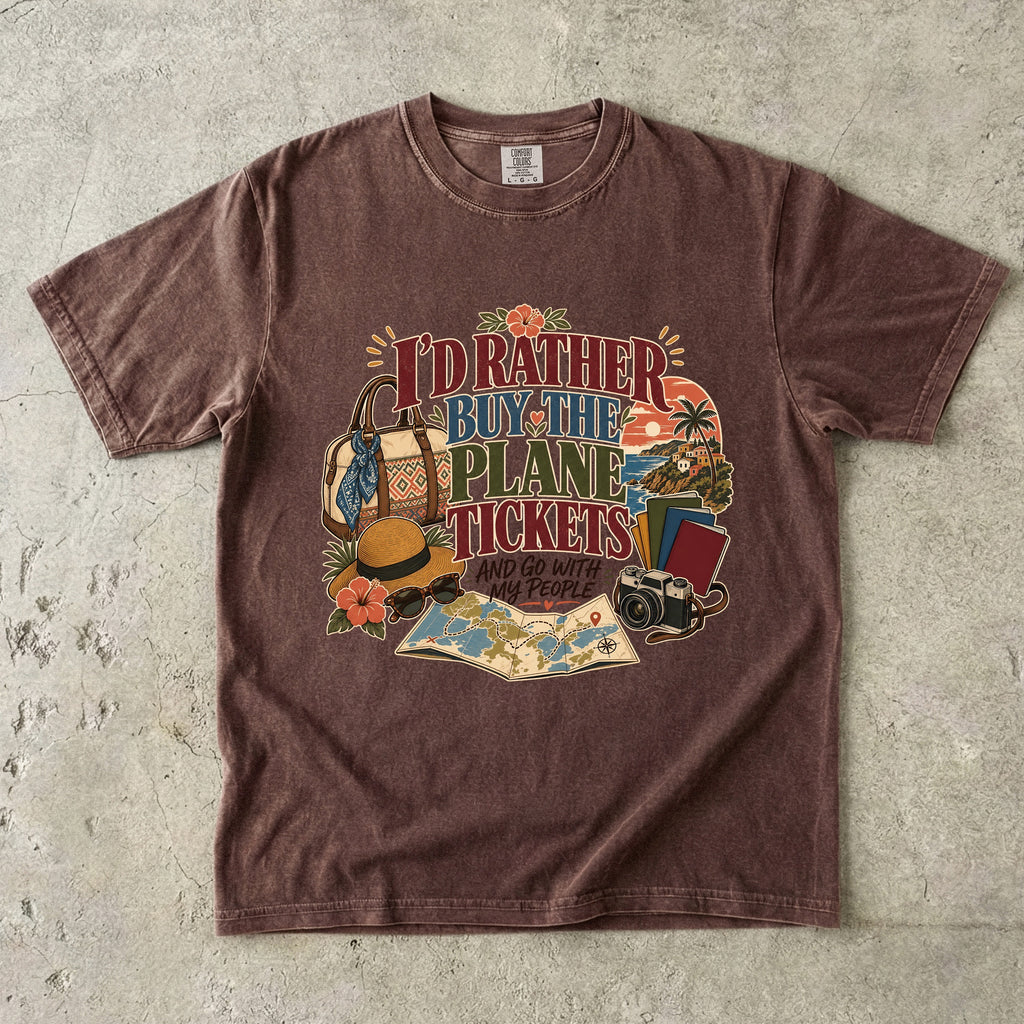 I'd Rather Buy the Plane Tickets Travel Mom Shirt in Espresso – flat lay