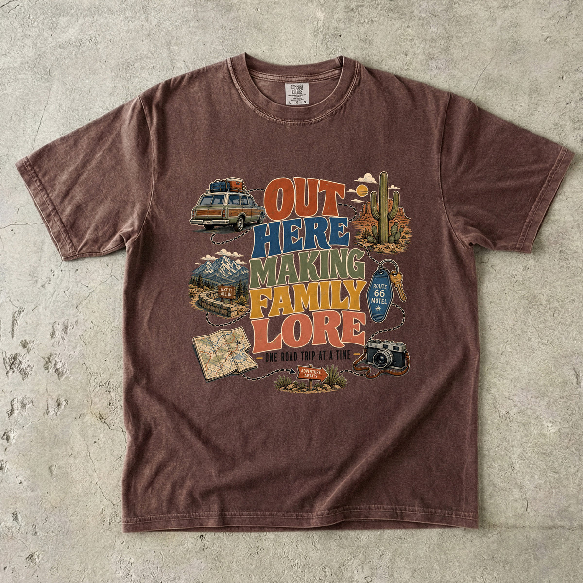 Out Here Making Family Lore Road Trip Shirt in Espresso – flat lay