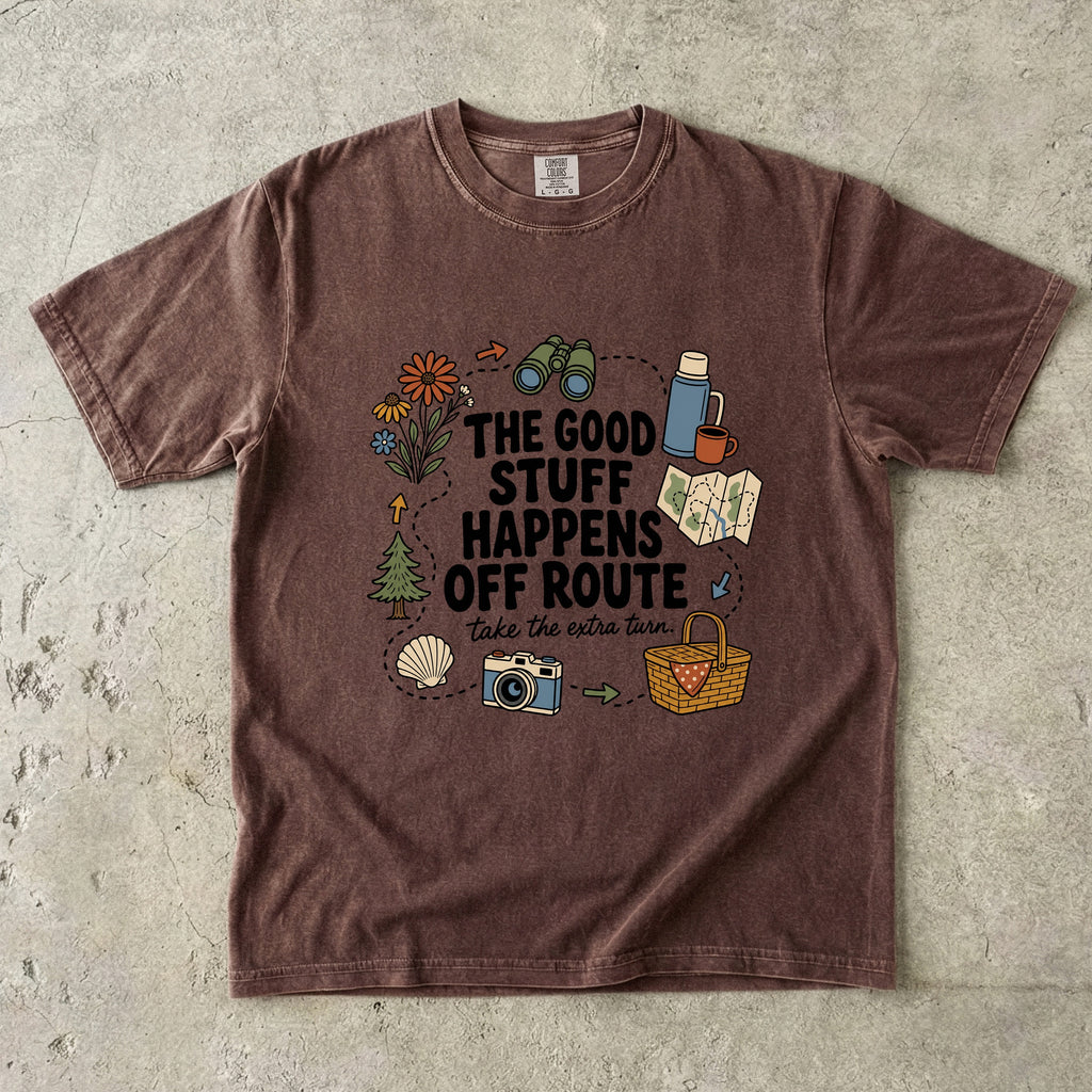 The Good Stuff Happens Off Route Road Trip Shirt in Espresso – flat lay