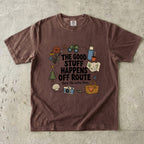 The Good Stuff Happens Off Route Road Trip Shirt in Espresso – flat lay