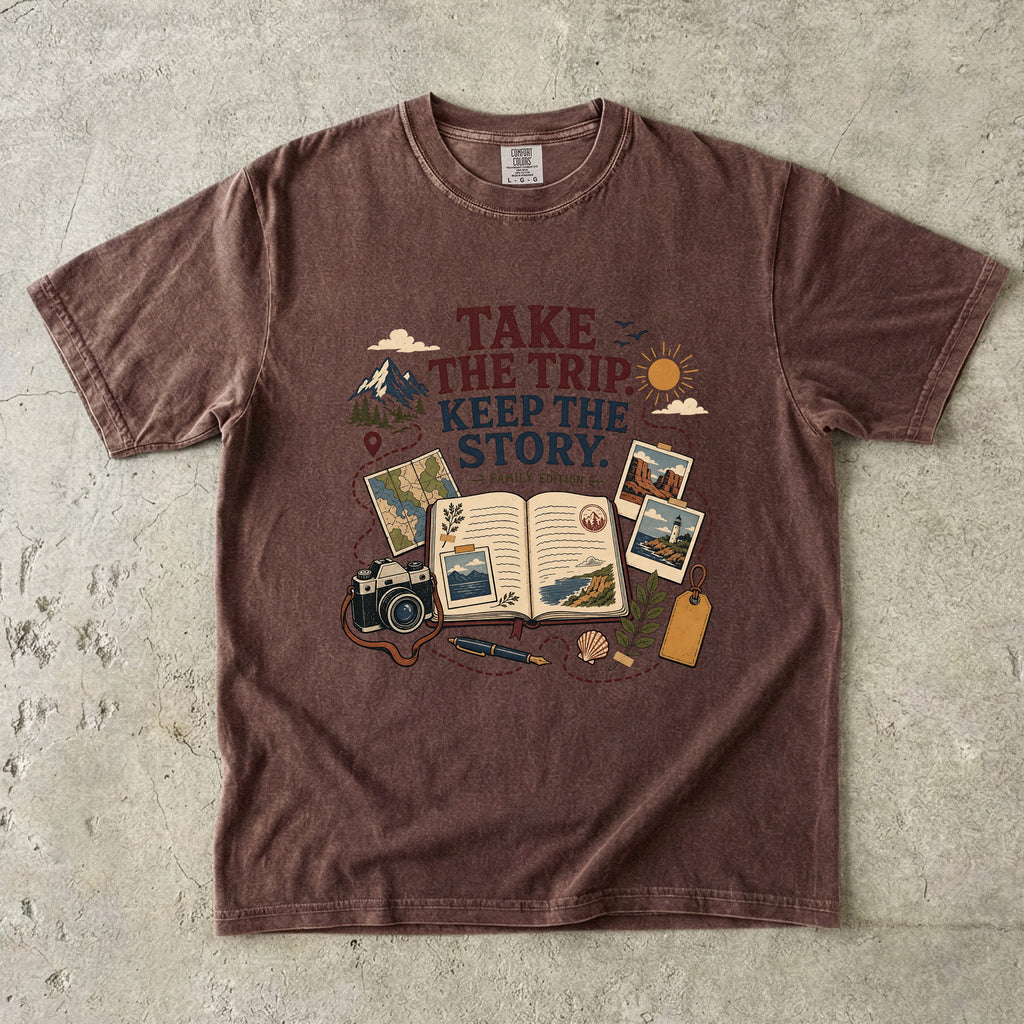 Take the Trip Keep the Story Road Trip Shirt in Espresso – flat lay