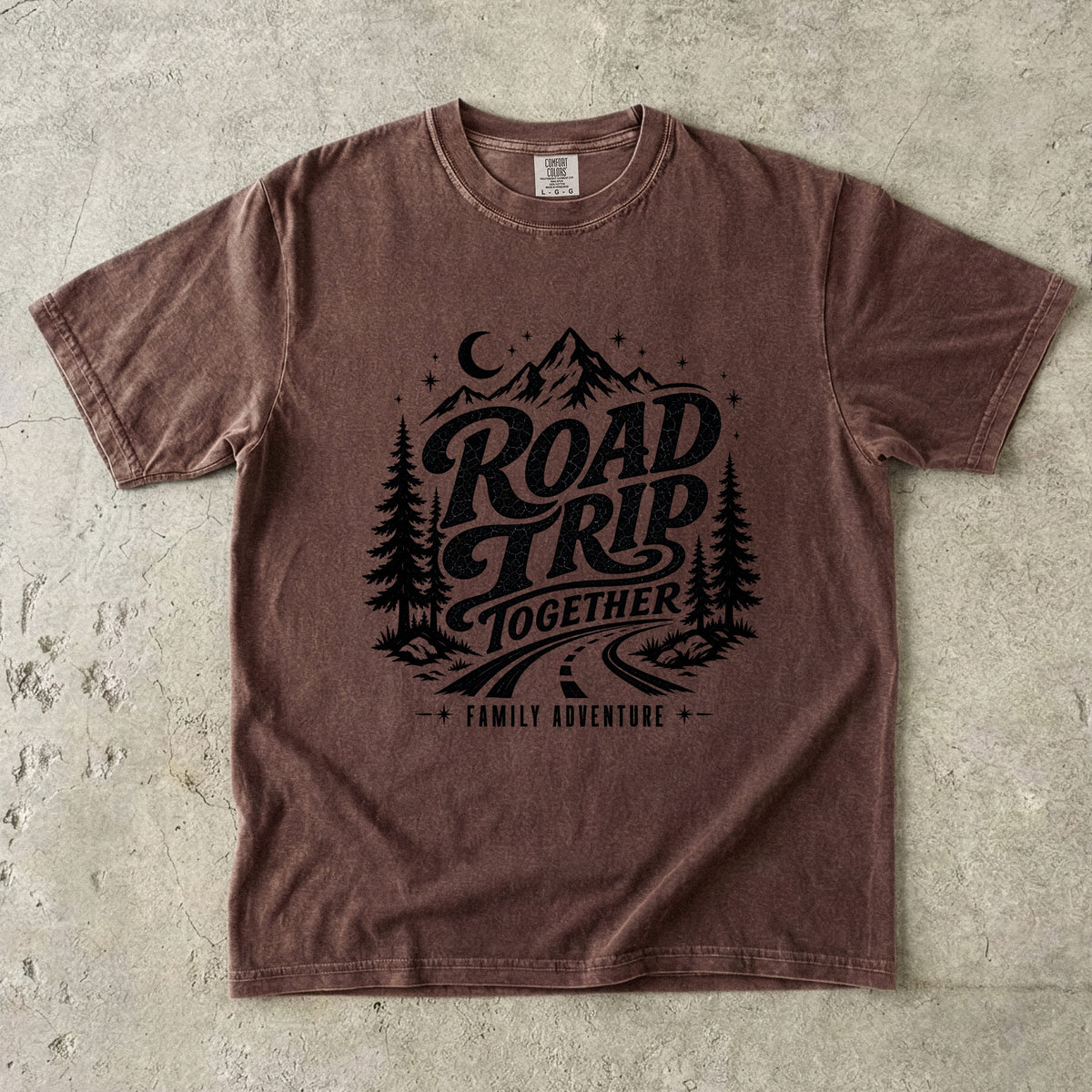 Road Trip Together Family Adventure Shirt in Espresso – flat lay