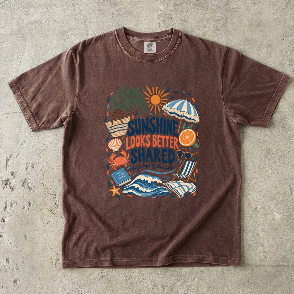 Sunshine Looks Better Shared Beach Vacation Shirt in Espresso – flat lay