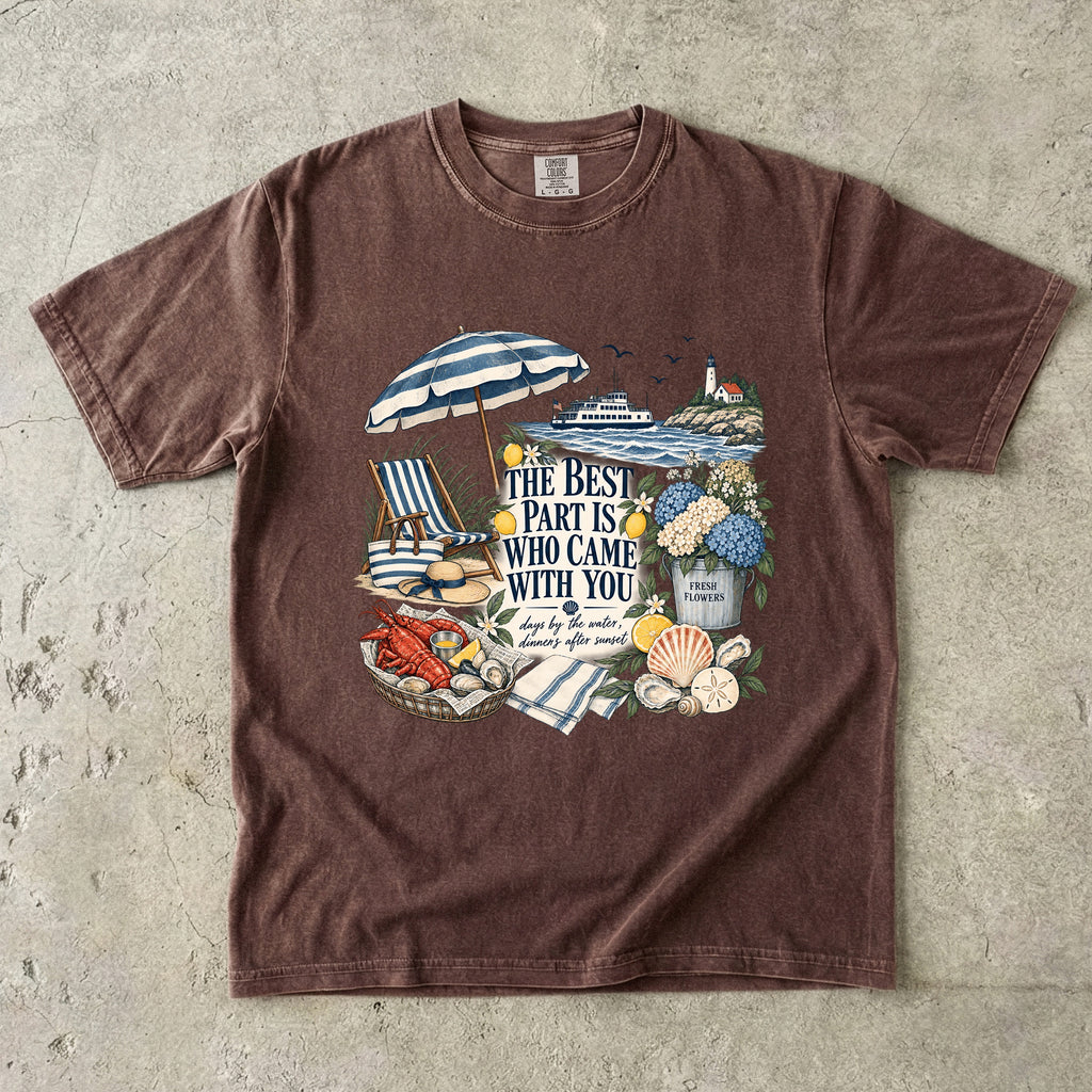 The Best Part Is Who Came with You Beach Vacation Shirt in Espresso – flat lay