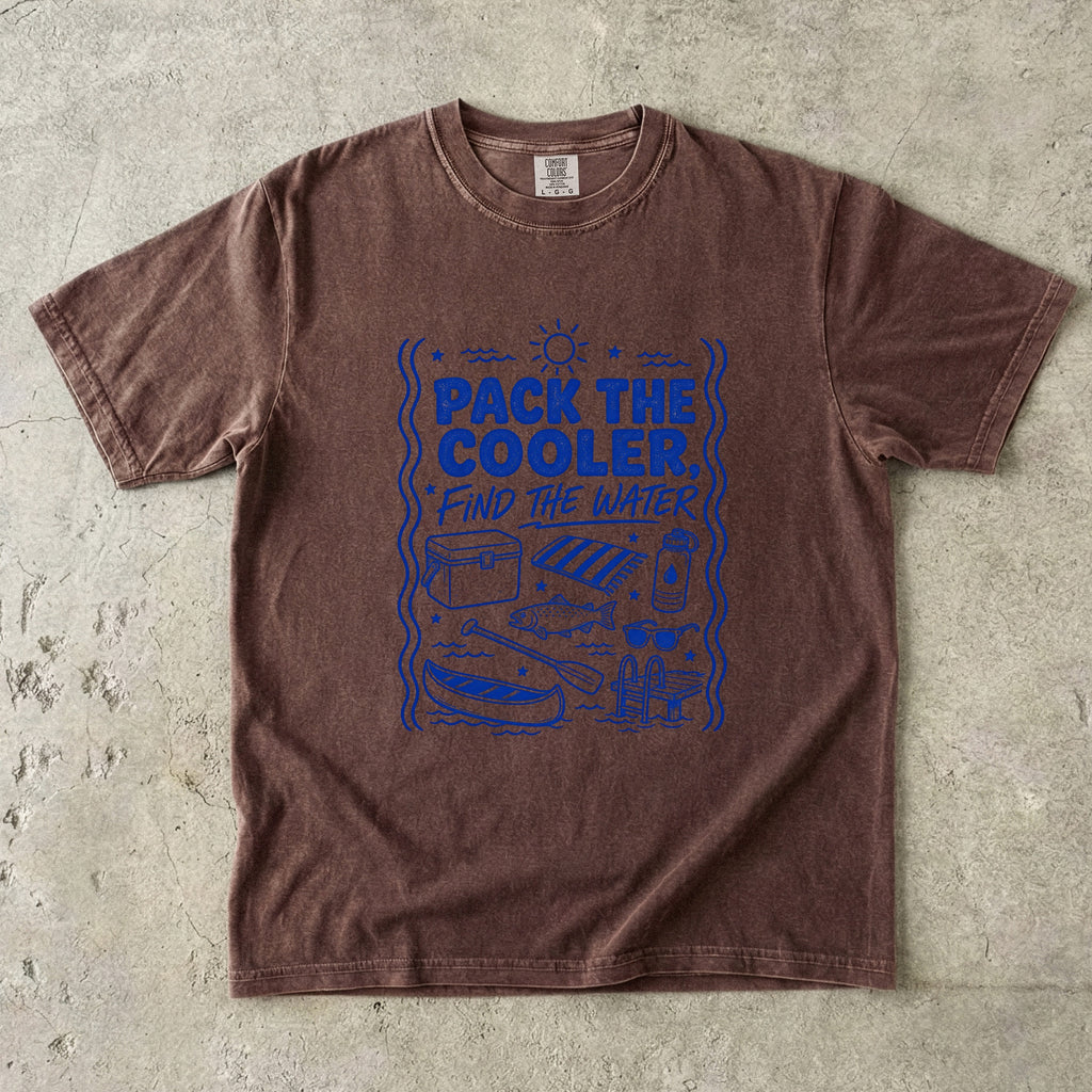 Pack the Cooler Find the Water Beach Vacation Shirt in Espresso – flat lay