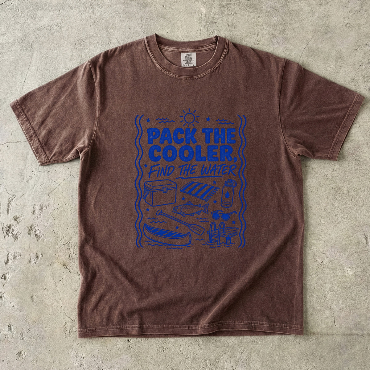 Pack the Cooler Find the Water Beach Vacation Shirt in Espresso – flat lay
