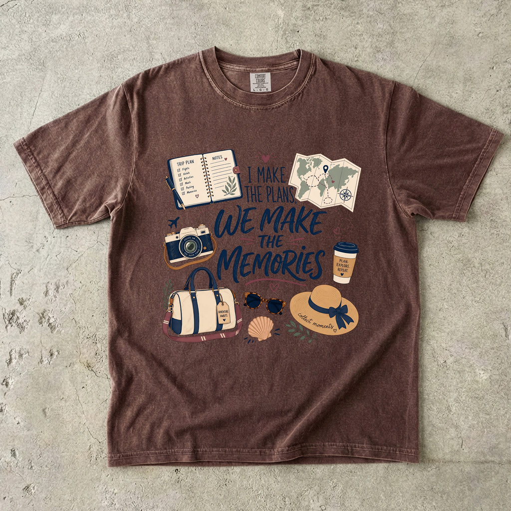 I Make the Plans We Make the Memories Travel Mom Shirt in Espresso – flat lay