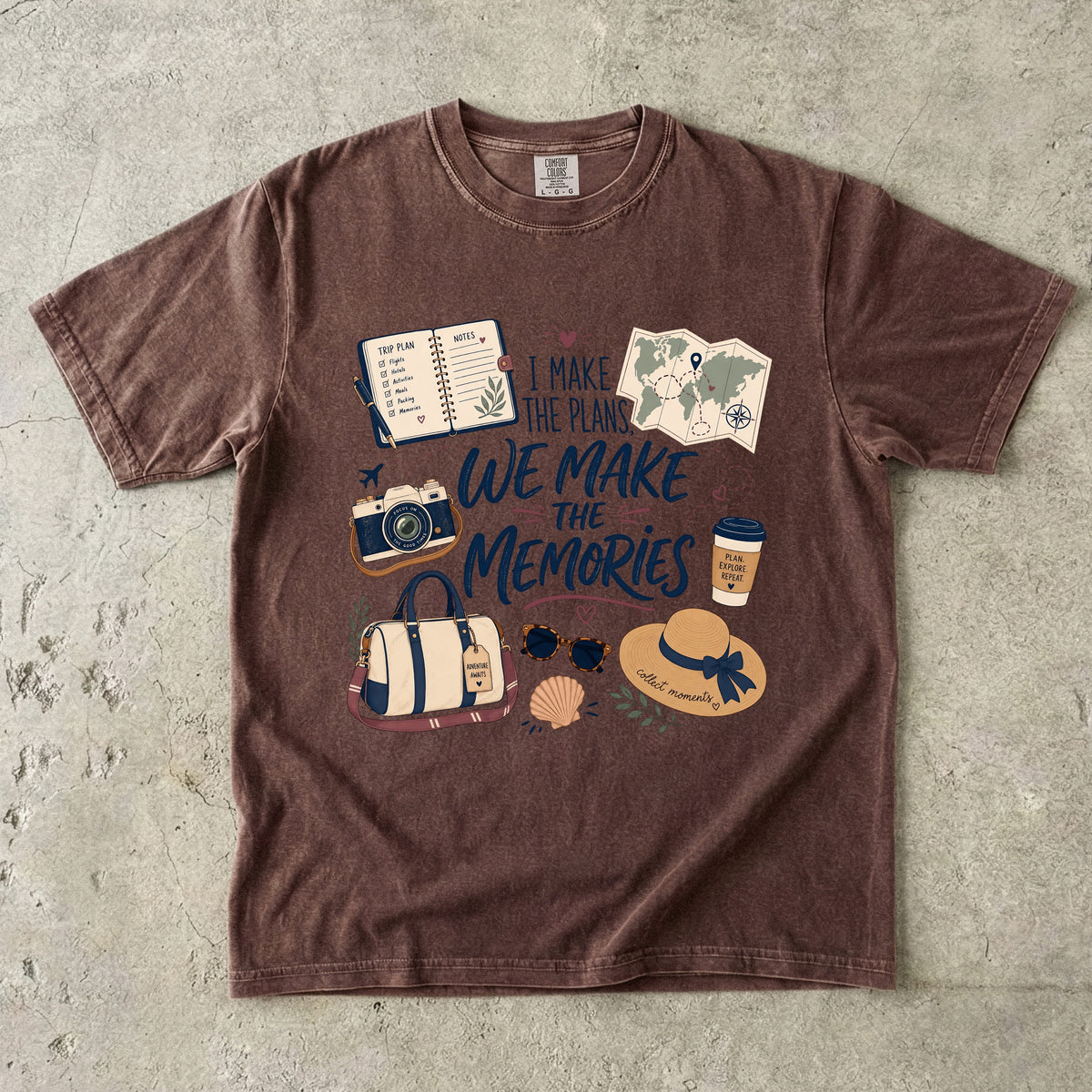 I Make the Plans We Make the Memories Travel Mom Shirt in Espresso – flat lay
