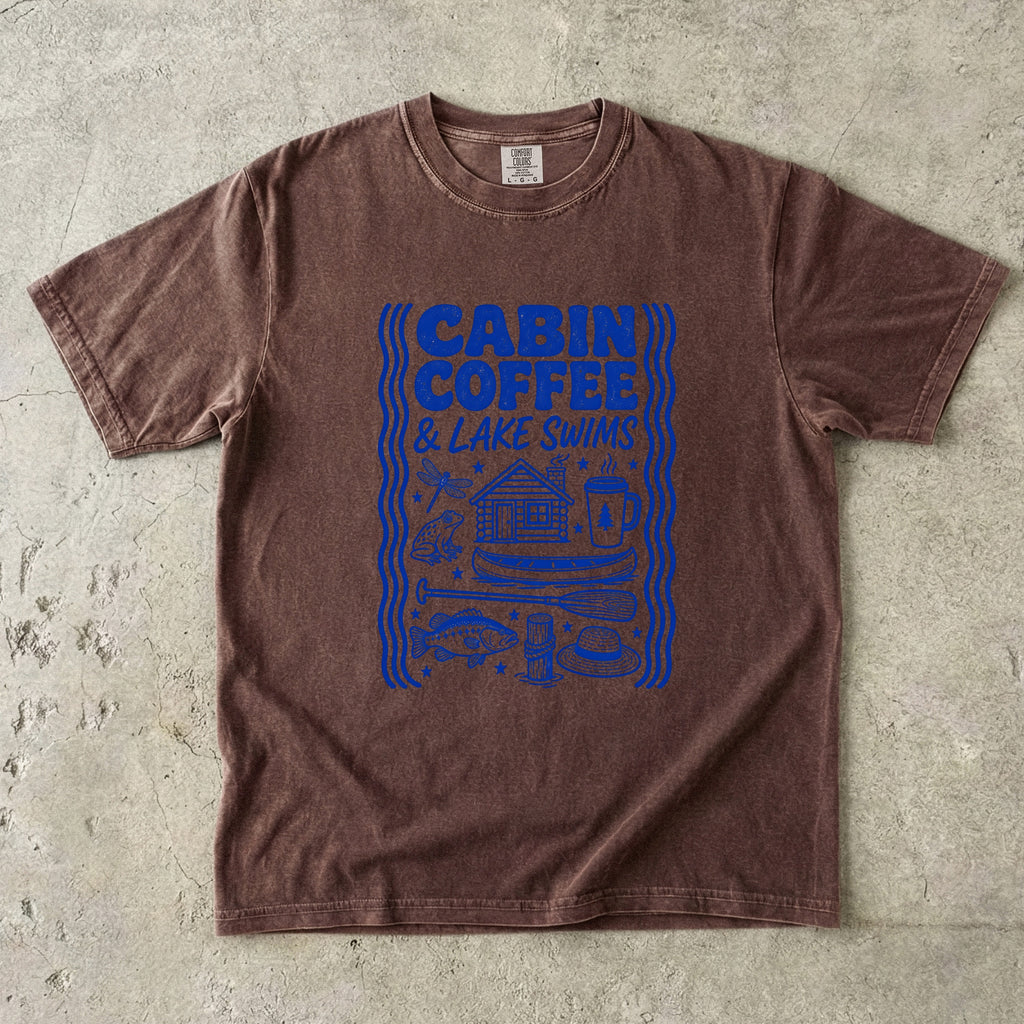 Cabin Coffee and Lake Swims Lake Vacation Shirt in Espresso – flat lay