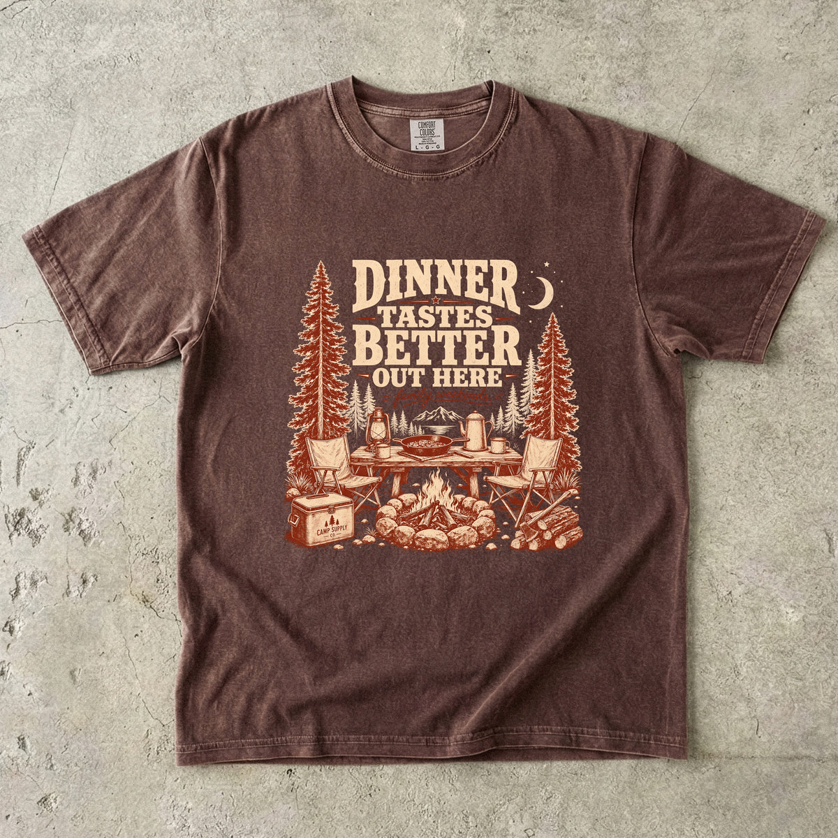 Dinner Tastes Better Out Here Camping Shirt in Espresso – flat lay