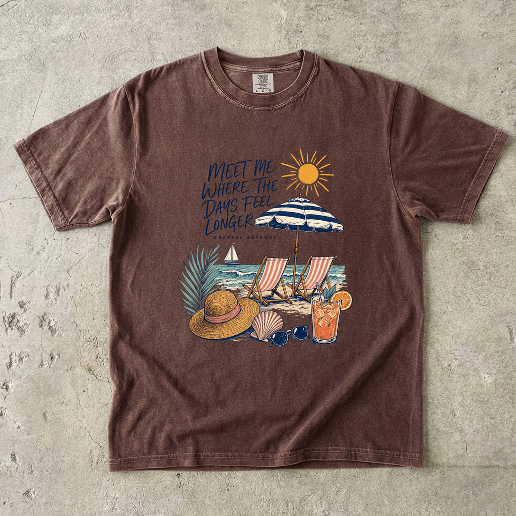 Meet Me Where the Days Feel Longer Beach Vacation Shirt in Espresso – flat lay