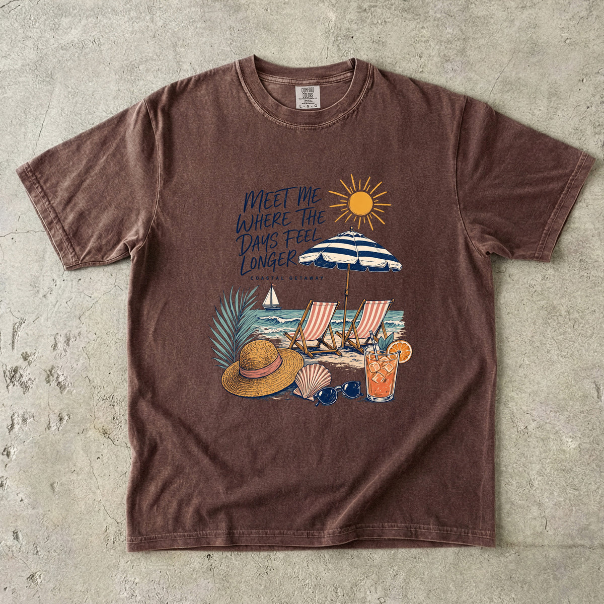 Meet Me Where the Days Feel Longer Beach Vacation Shirt in Espresso – flat lay