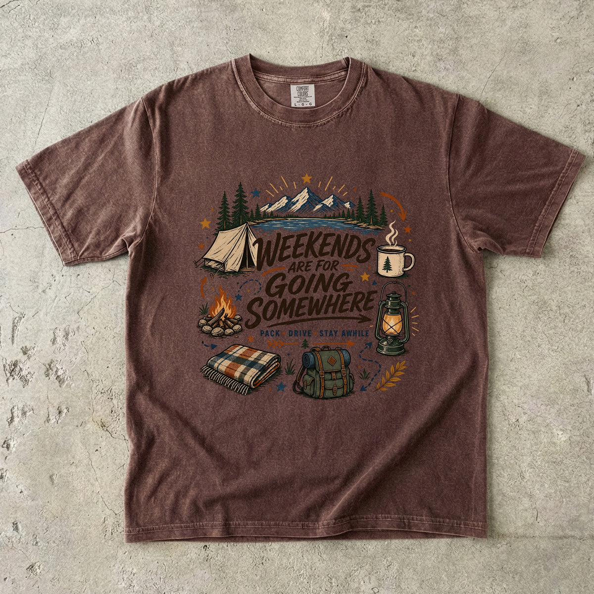 Weekends Are for Going Somewhere Camping Shirt in Espresso – flat lay