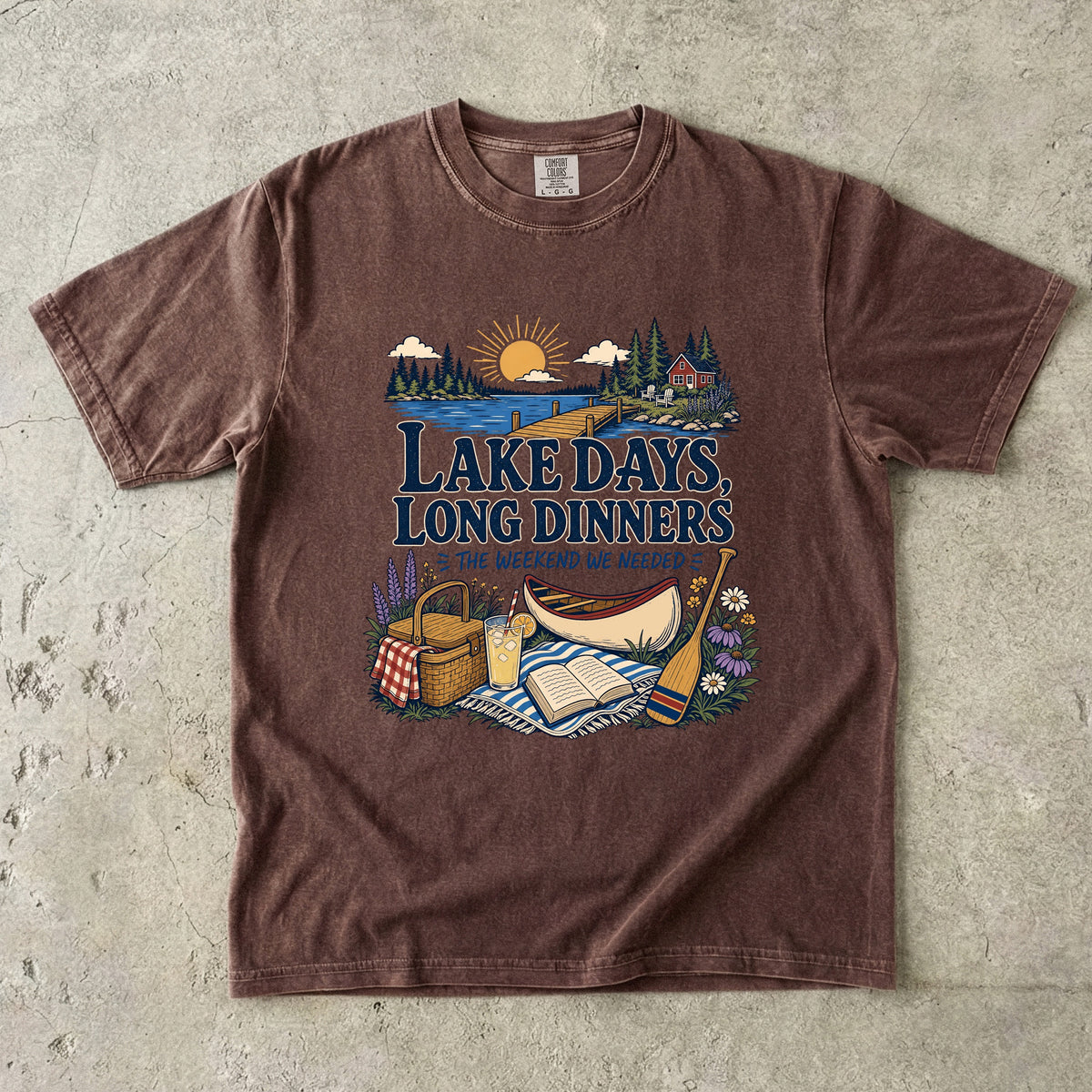 Lake Days Long Dinners Lake Vacation Shirt in Espresso – flat lay
