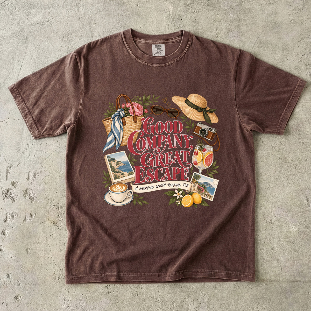 Good Company Great Escape Girls Trip Shirt in Espresso – flat lay