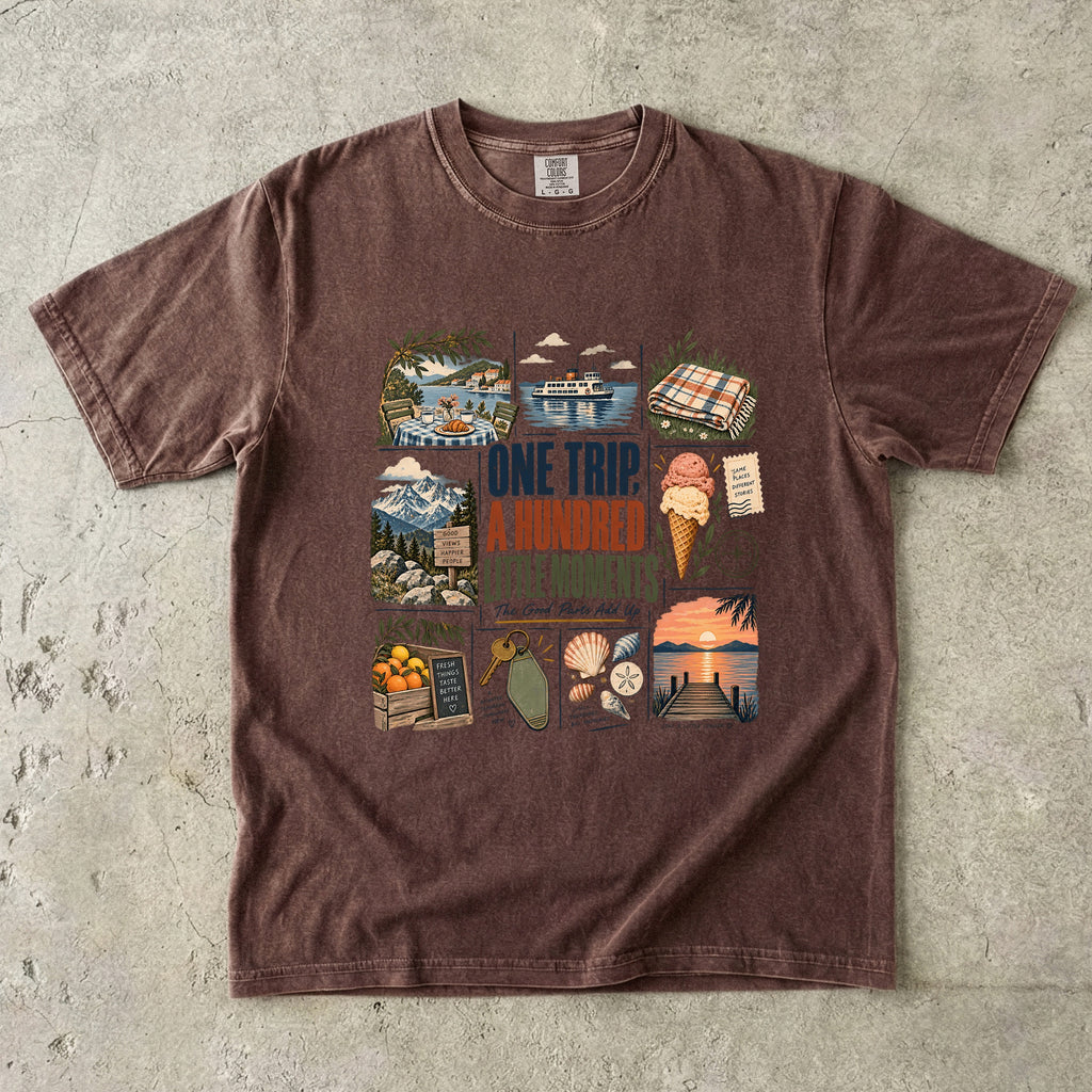 One Trip a Hundred Little Moments Family Travel Shirt in Espresso – flat lay