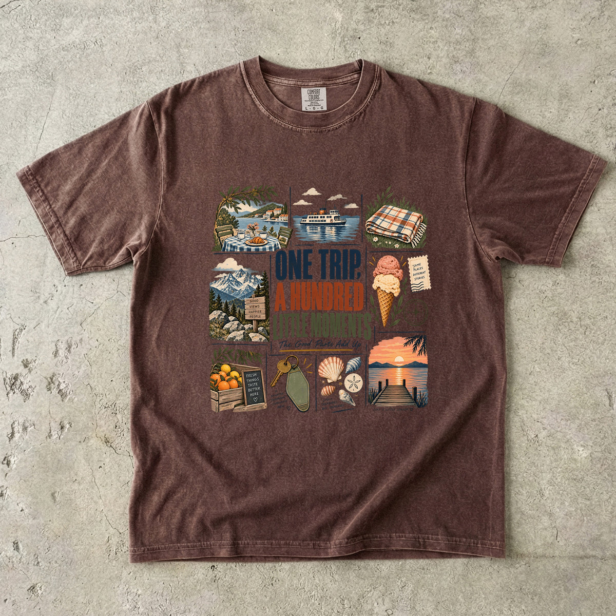 One Trip a Hundred Little Moments Family Travel Shirt in Espresso – flat lay