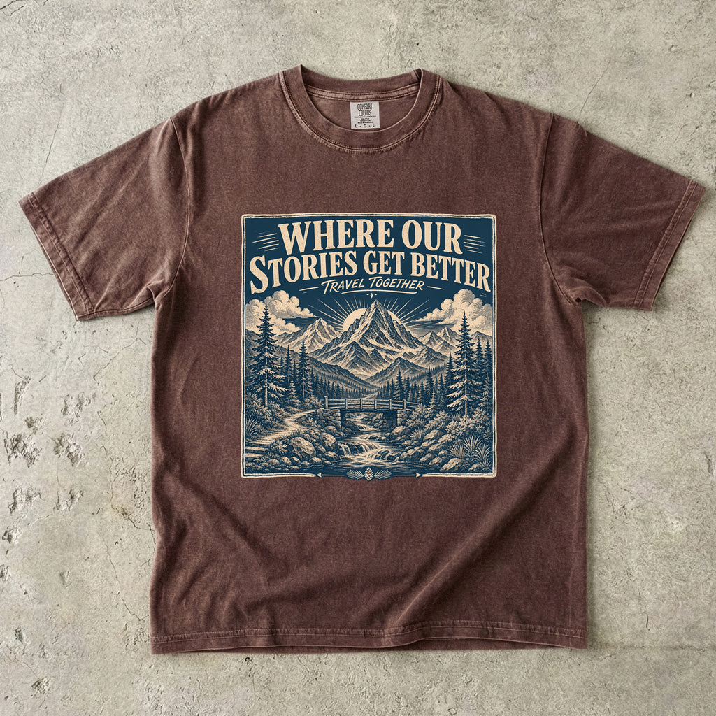 Where Our Stories Get Better Mountain Adventure Shirt in Espresso – flat lay