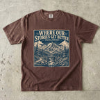 Where Our Stories Get Better Mountain Adventure Shirt in Espresso – flat lay