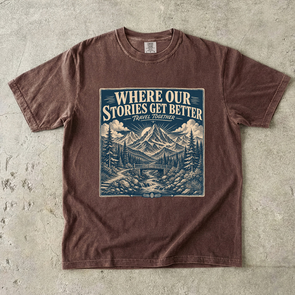 Where Our Stories Get Better Mountain Adventure Shirt in Espresso – flat lay