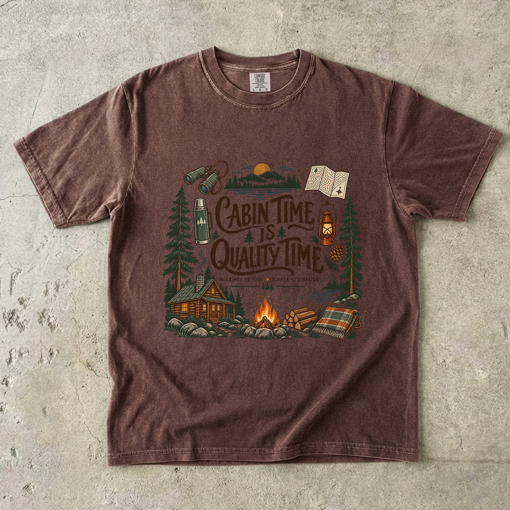 Cabin Time Is Quality Time Lake Vacation Shirt in Espresso – flat lay
