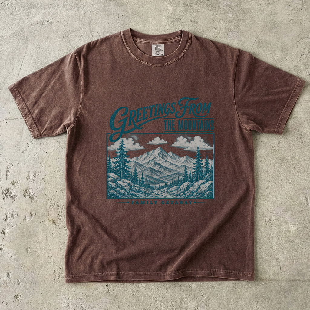 Greetings from the Mountains Family Getaway Shirt in Espresso – flat lay