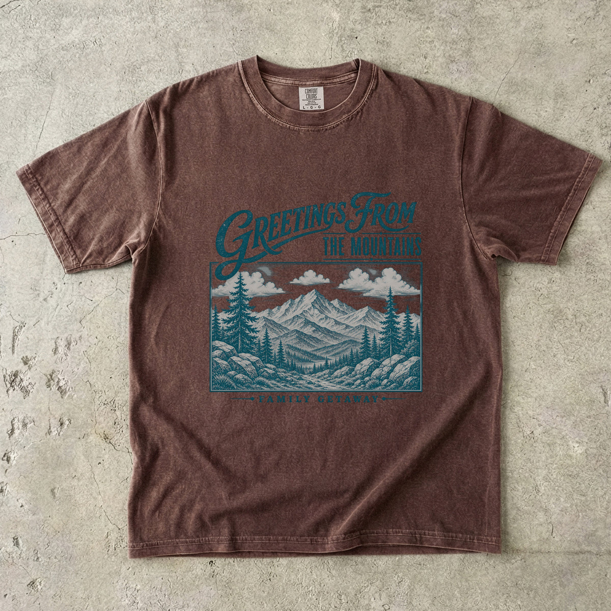 Greetings from the Mountains Family Getaway Shirt in Espresso – flat lay