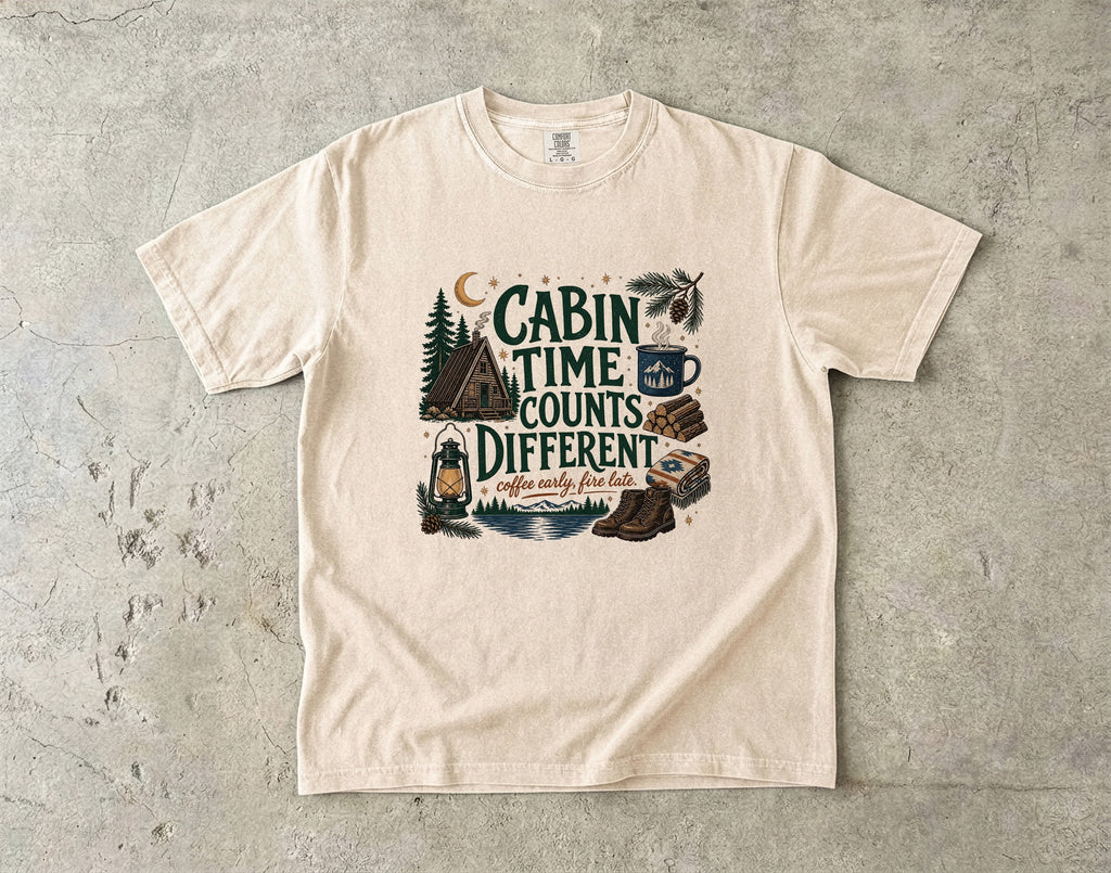 Cabin Time Counts Different Cabin Weekend Shirt in Ivory – flat lay