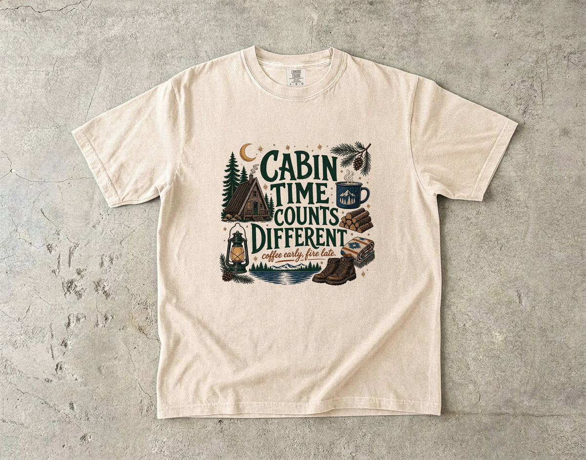 Cabin Time Counts Different Cabin Weekend Shirt in Ivory – flat lay
