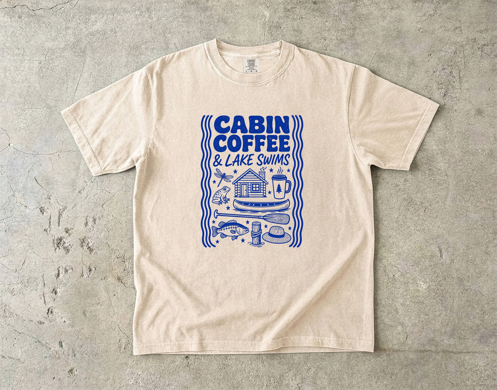 Cabin Coffee and Lake Swims Lake Vacation Shirt in Ivory – flat lay