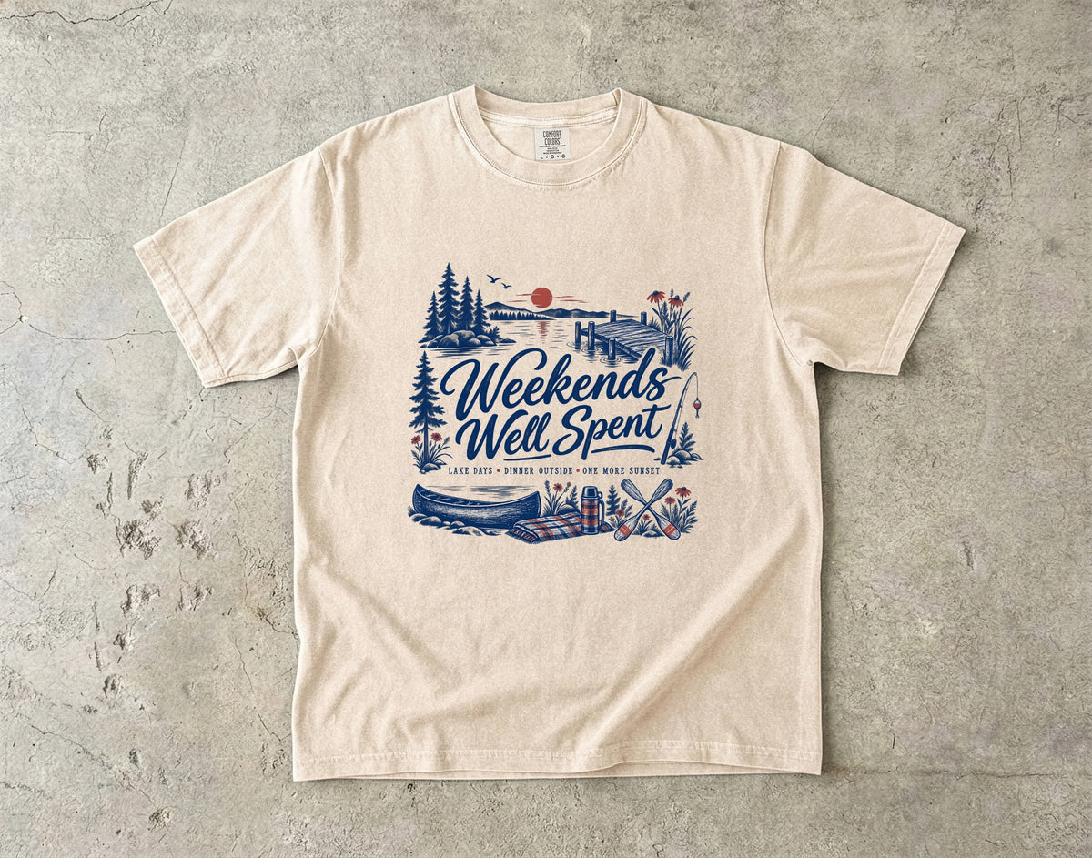 Weekends Well Spent Lake Vacation Shirt in Ivory – flat lay