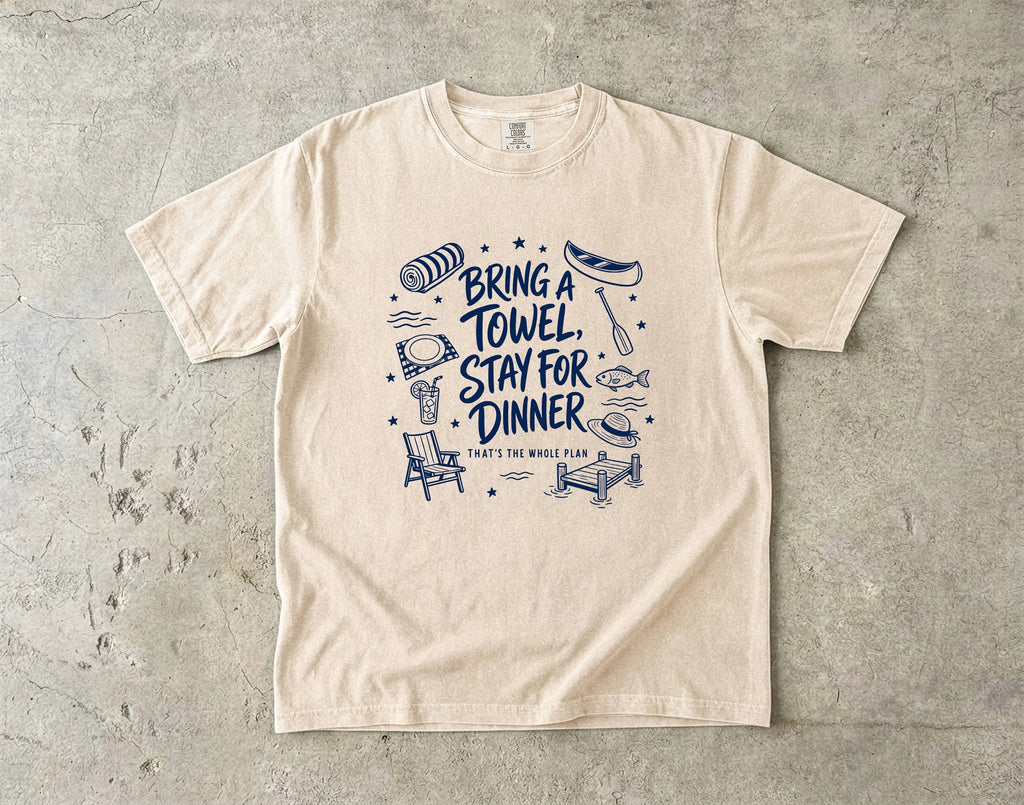 Bring a Towel Stay for Dinner Lake Vacation Shirt in Ivory – flat lay