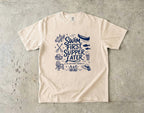 Swim First Supper Later Lake Vacation Shirt in Ivory – flat lay