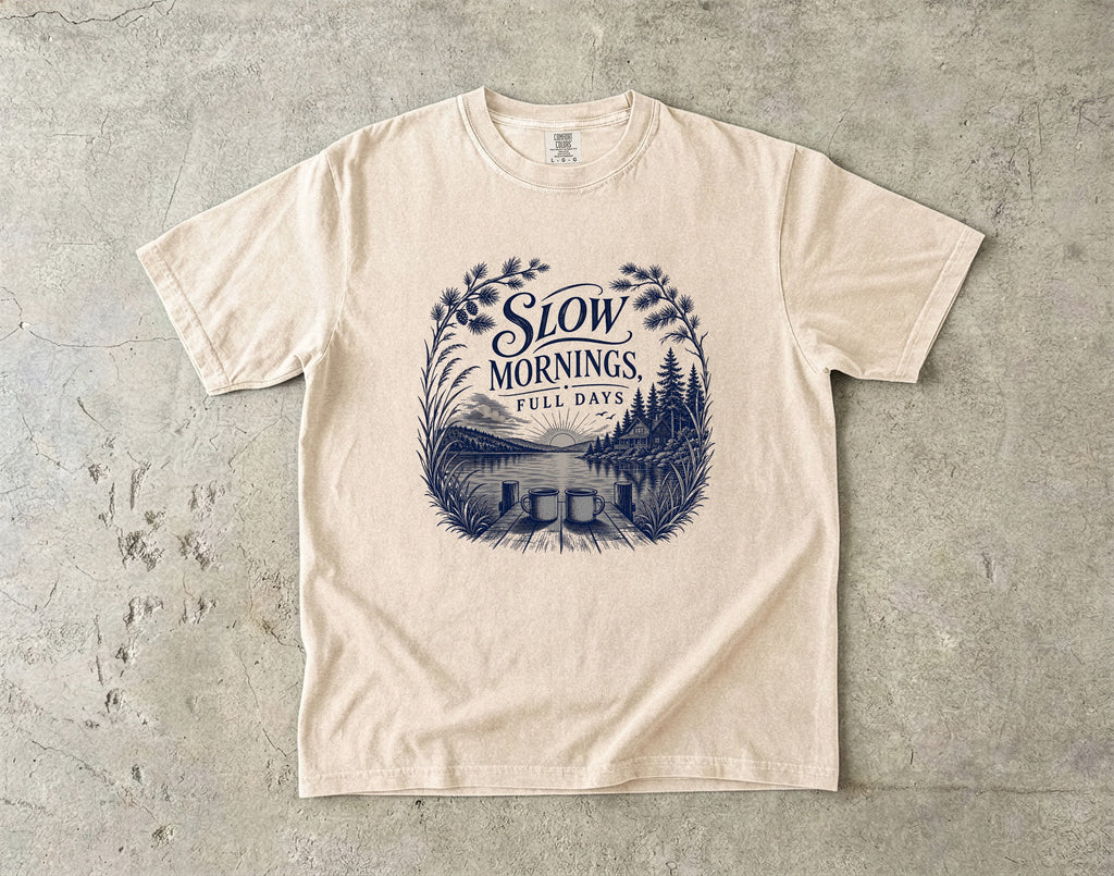 Slow Mornings Full Days Lake Vacation Shirt in Ivory – flat lay